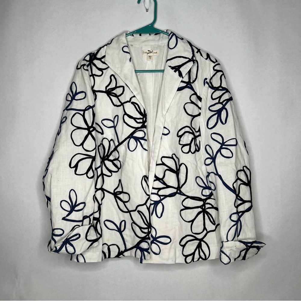 Coldwater Creek White Linen Open Jacket Black Embroidery Long Sleeve Hemstitched